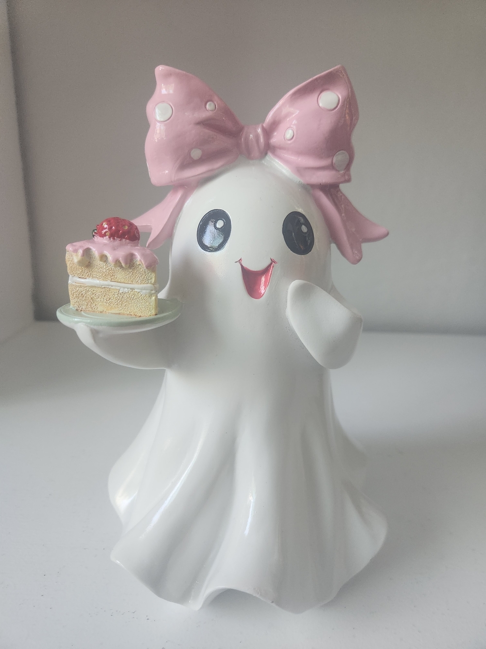 Cute Ceramic Ghost Figurine with Pink Polka Dot Bow and Cake With Strawberry